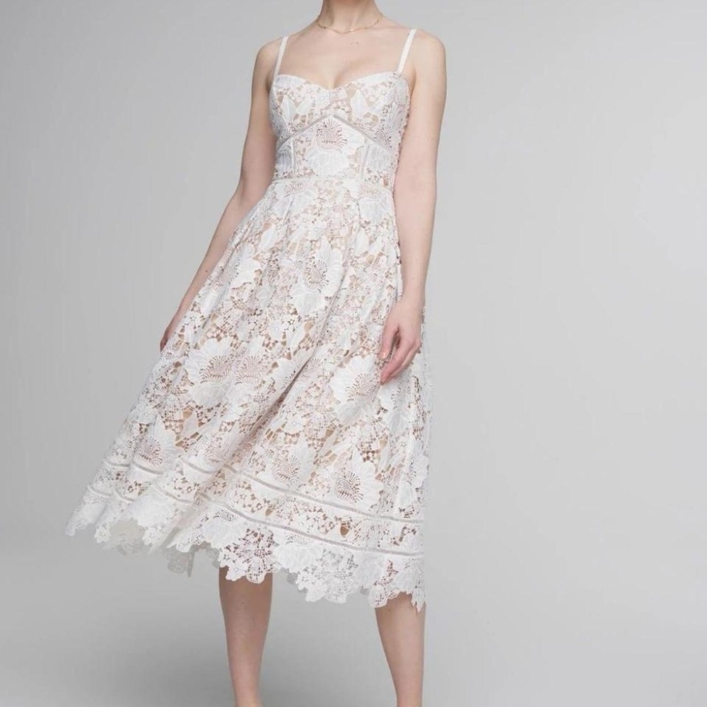 White House Black Market white lace midi dress with floral pattern, size 0